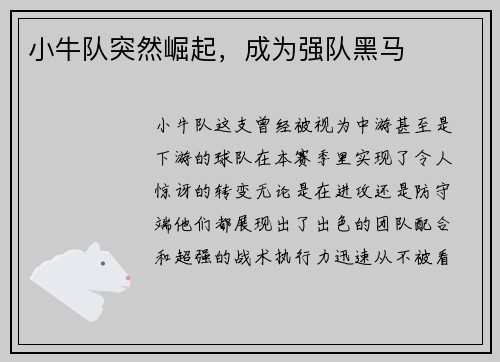 小牛队突然崛起，成为强队黑马